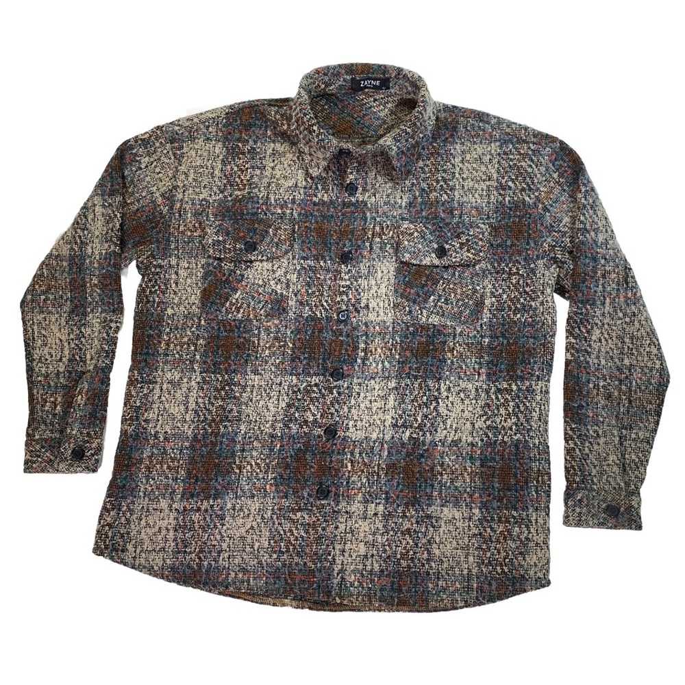 Zayne Paris Plaid Sherpa Teddy Shacket Jacket Large  Beige 2 Side 2 Button